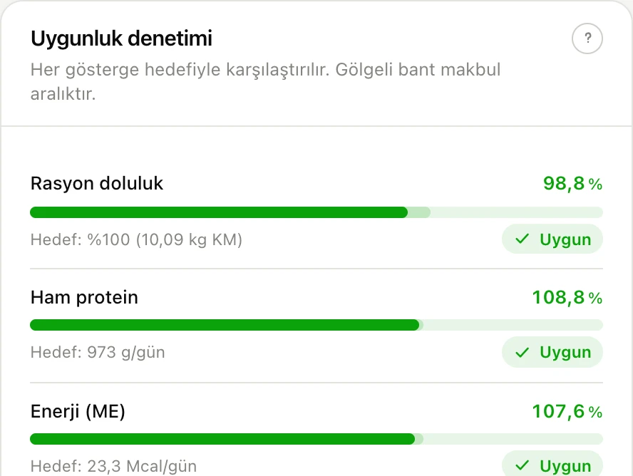 Uygunluk denetimi: rasyonun hedeflerle karşılaştırılması