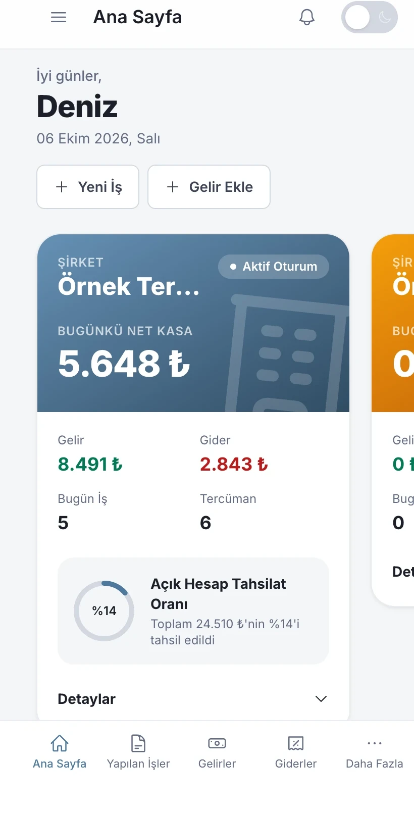 Tercüme Ofis Yönetim Sistemi: telefonda ana sayfa